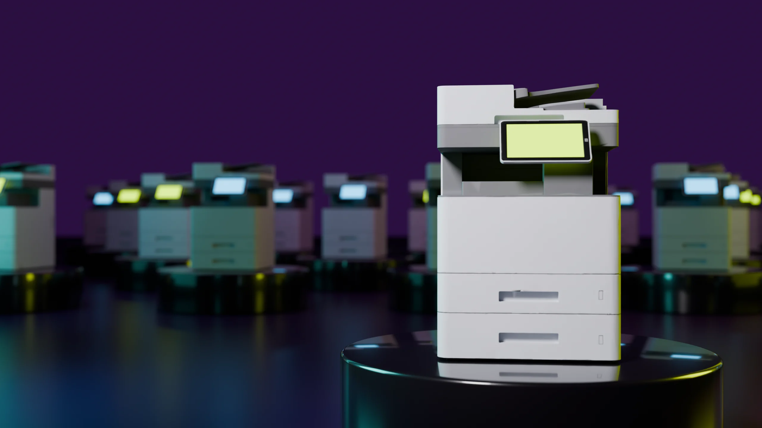 An office photocopier on a black plinth, its screen glowing lime, in a violet hall of identical copiers.